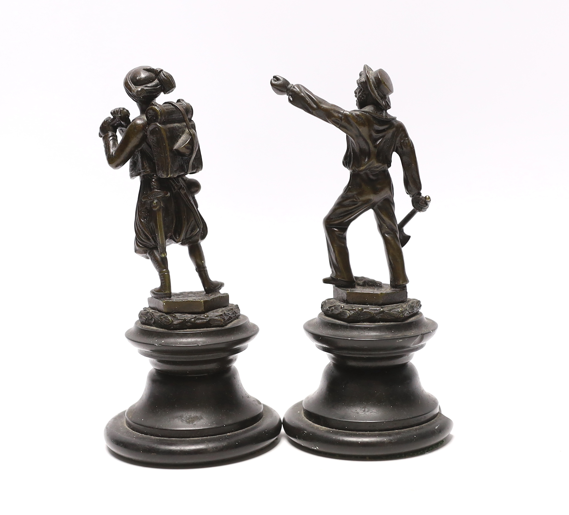 A pair of late 19th century French bronze figures of a woodcutter and a Turk, both 16cm